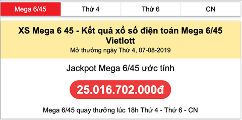 Jackpot uoc tinh Mega 6-45 Vietlott Thu 4 Jackpot uoc tinh Mega 6-45 Vietlott Thu 4